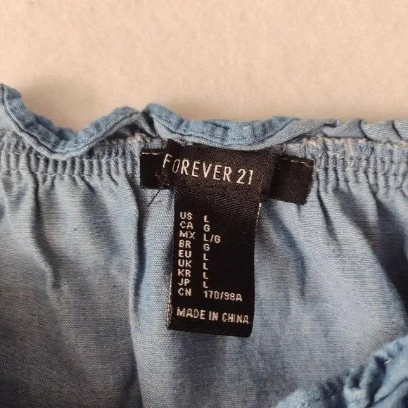 SALE Forever 21 Embroidered Crop Peasant Top L Off Shoulder Chambray - Picture 4 of 10